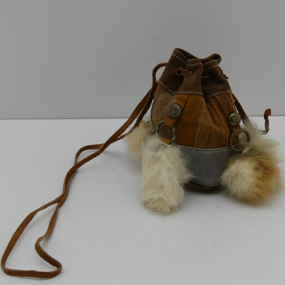 Vintage Rare 1960s 70s Handmade Leather Pouch Bag Boho Fur Trim Drawstring Purse - Picture 2 of 7